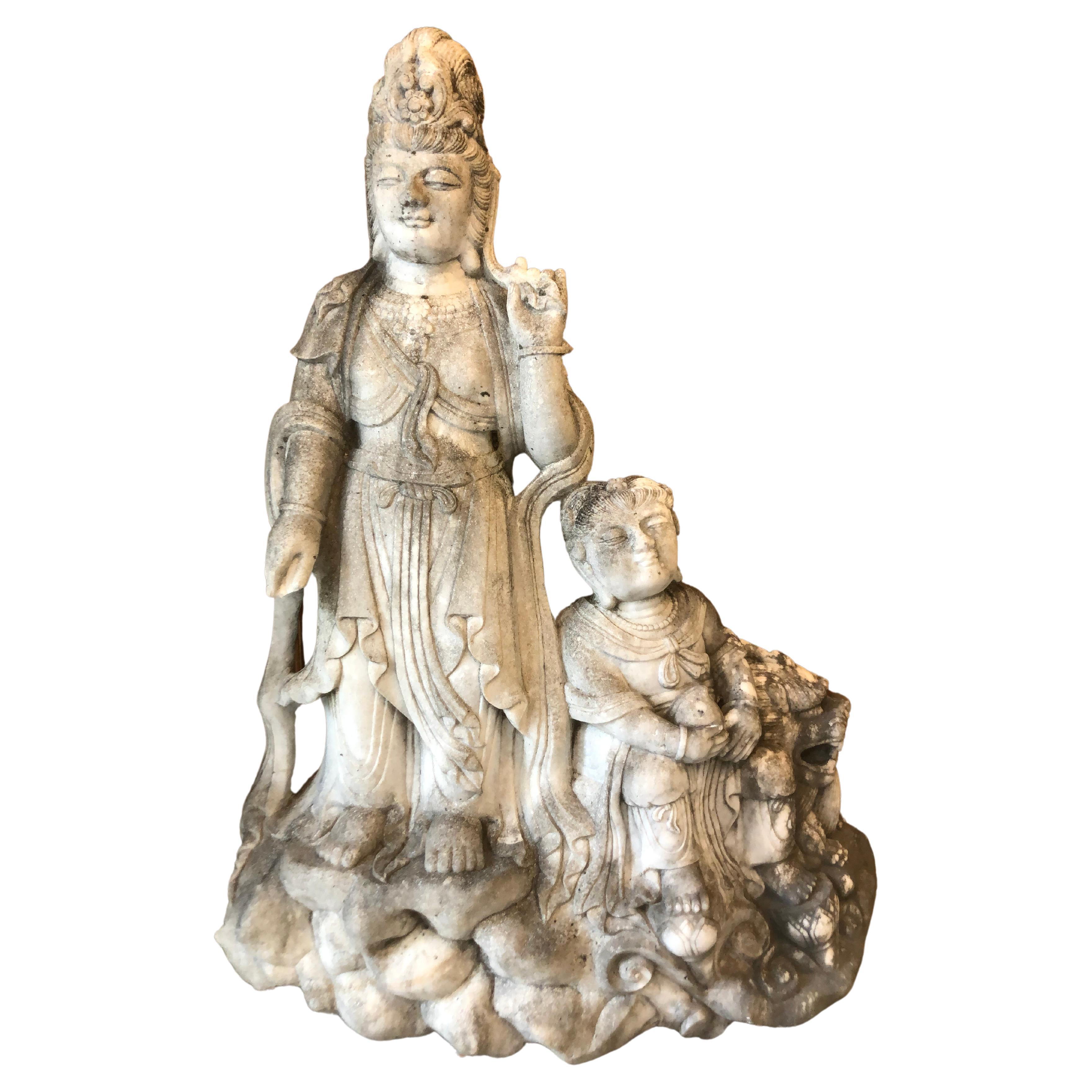 20th Century Marble Kwan-Yin Statue with Child and Foo Dog For Sale