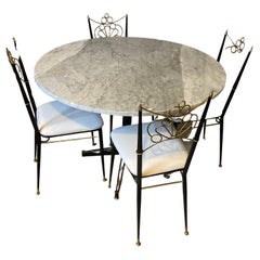 20th Century Marble, Metal and Brass Rounded Table with 4 Chairs, 1950s