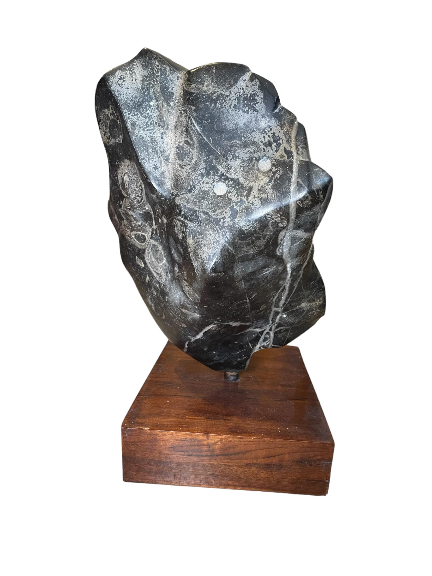 This is a 20th century Marble Sculpture. It depicts a black marble abstract sculpture supported by a rectangular wood base. It was made by a Puerto Rican sculptor named G.Nunez.