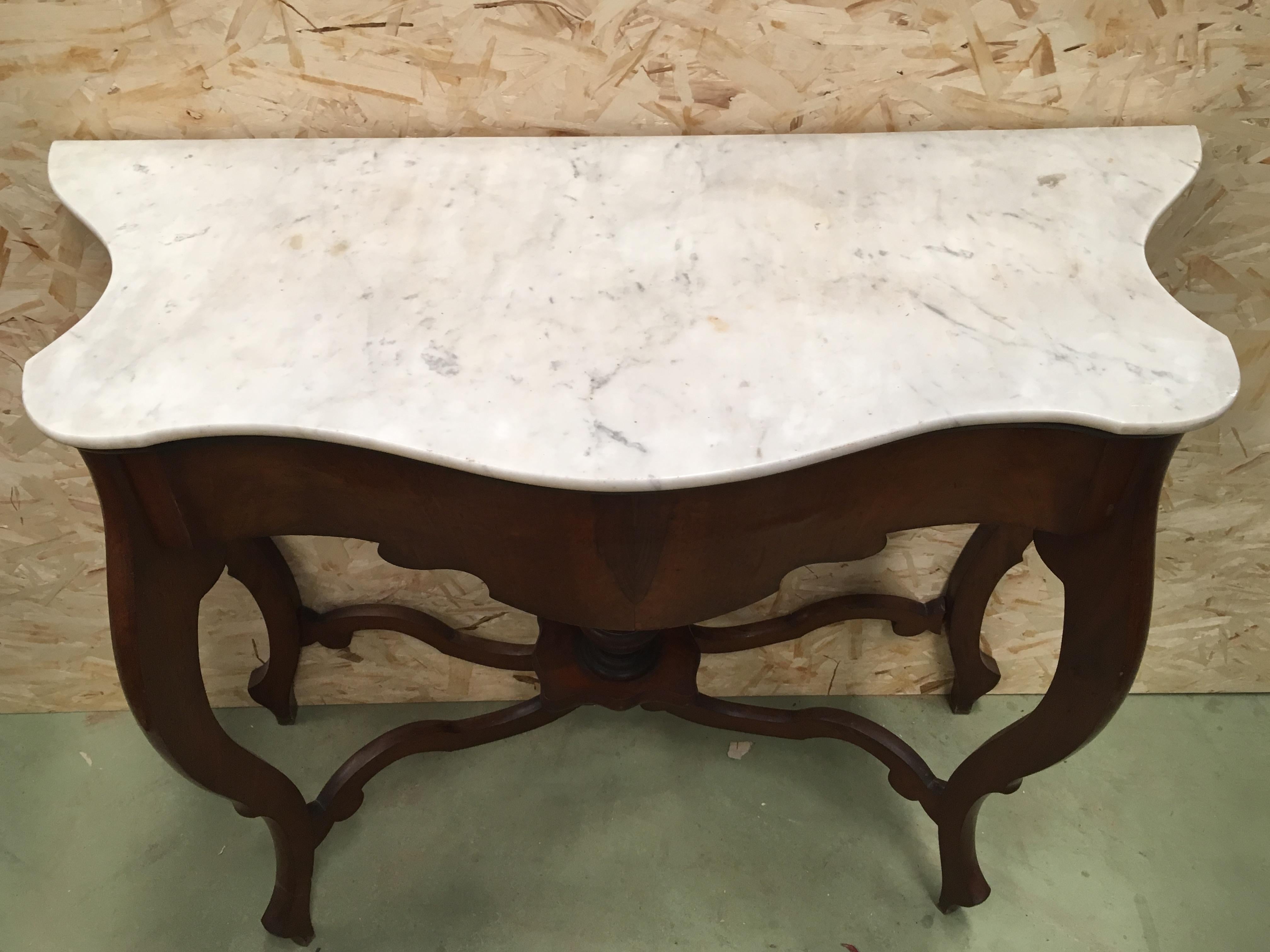Biedermeier 20th Century Marble Top Walnut Console Table with Drawer For Sale