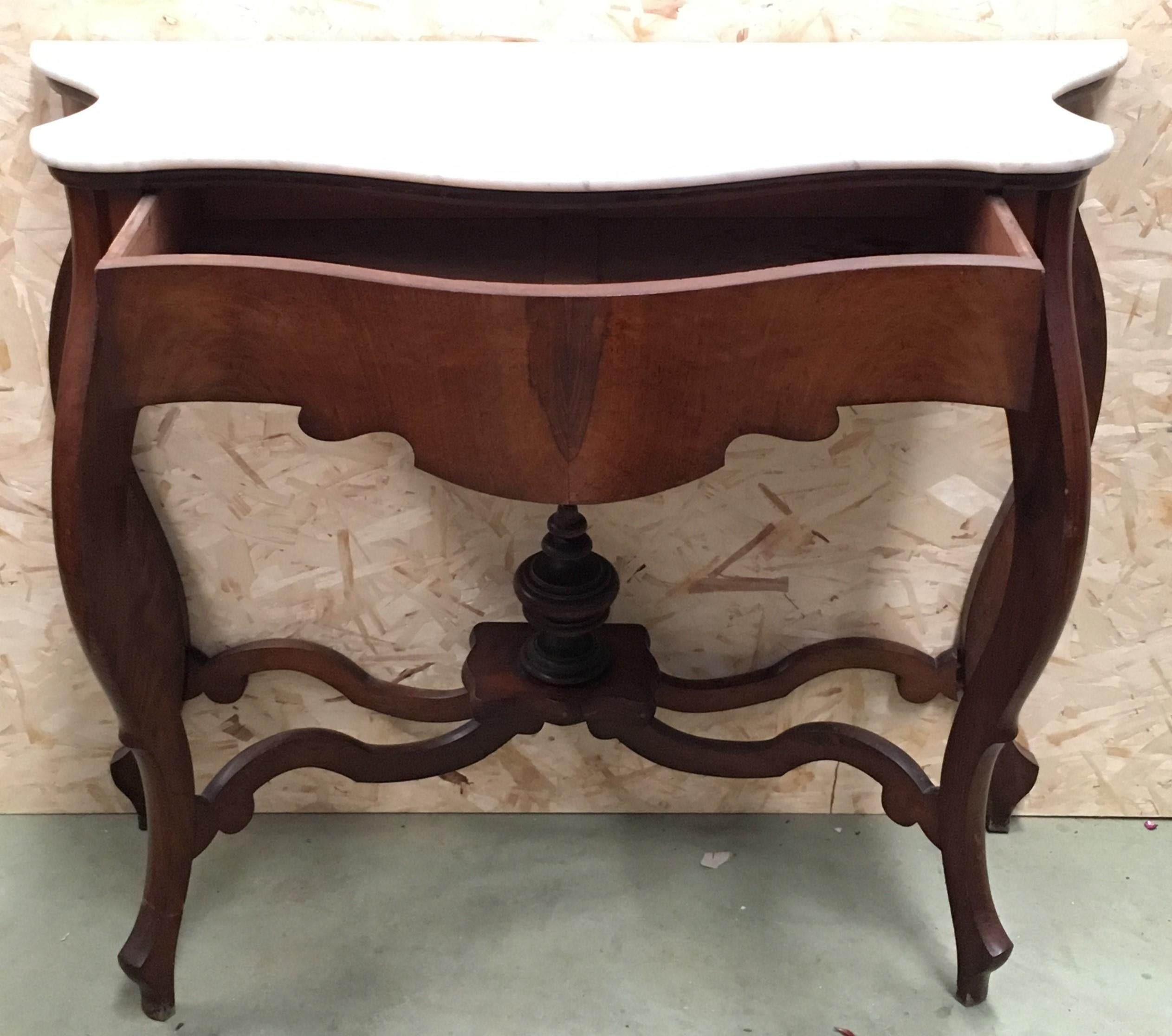 Spanish 20th Century Marble Top Walnut Console Table with Drawer For Sale
