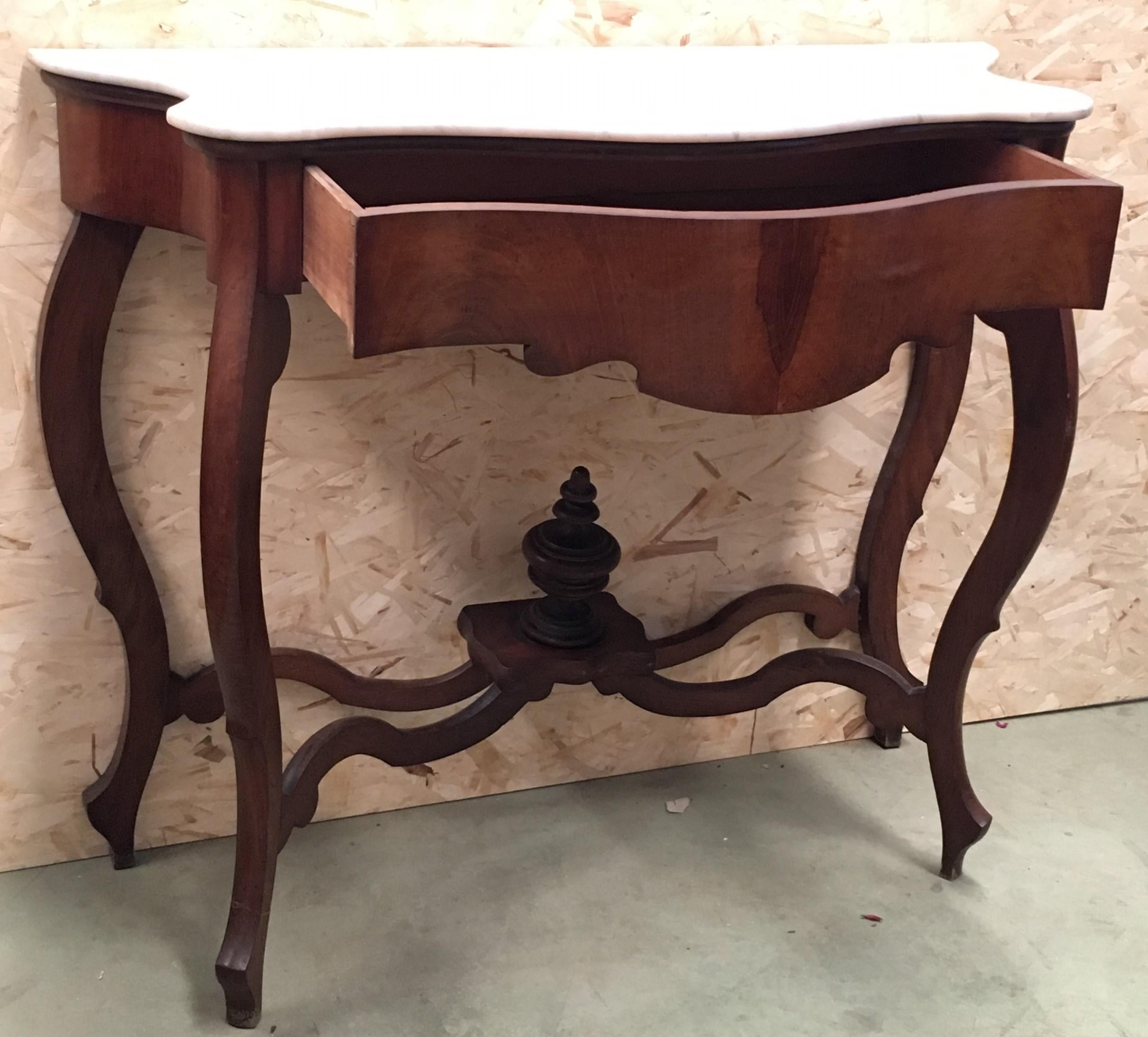 20th Century Marble Top Walnut Console Table with Drawer In Excellent Condition For Sale In Miami, FL