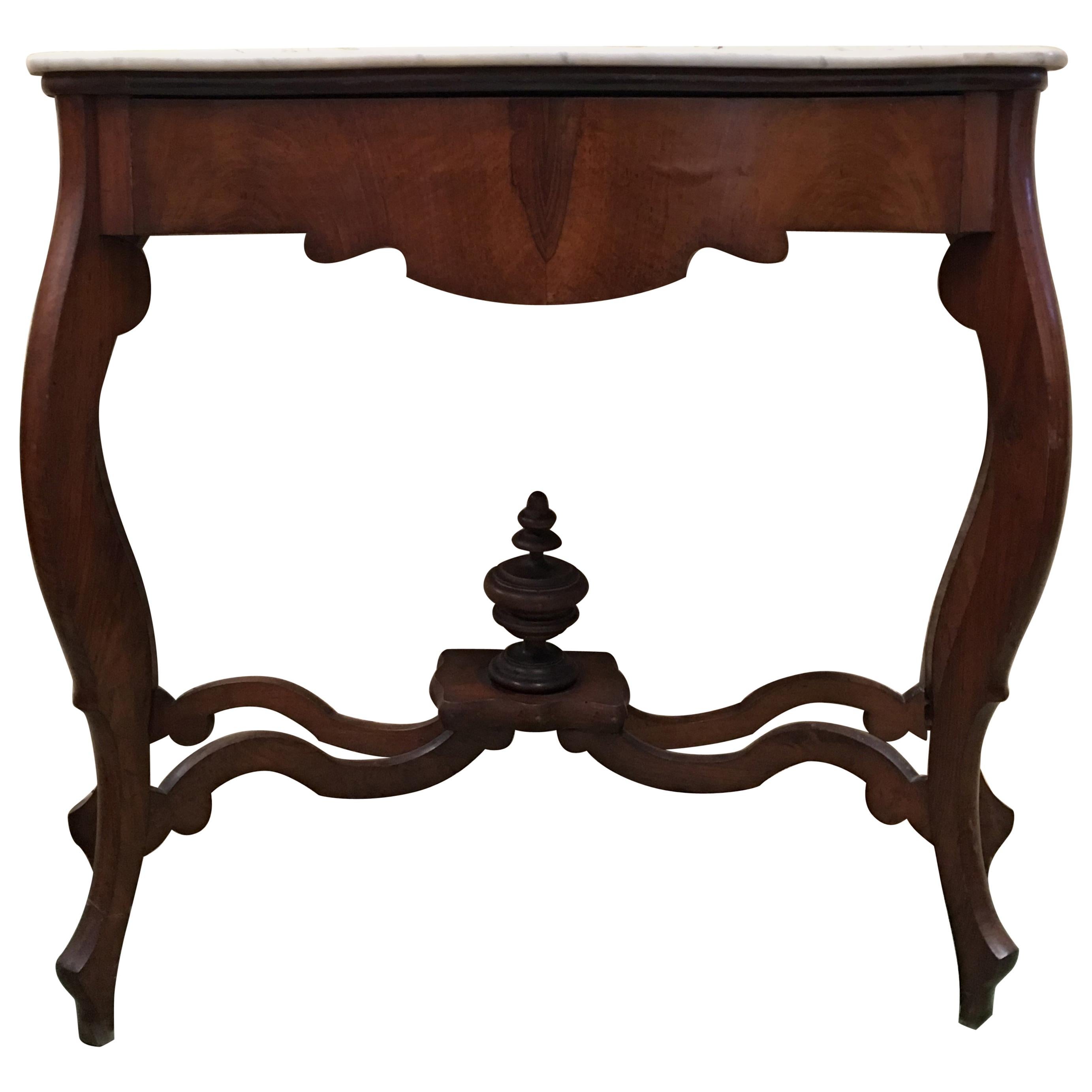20th Century Marble Top Walnut Console Table with Drawer