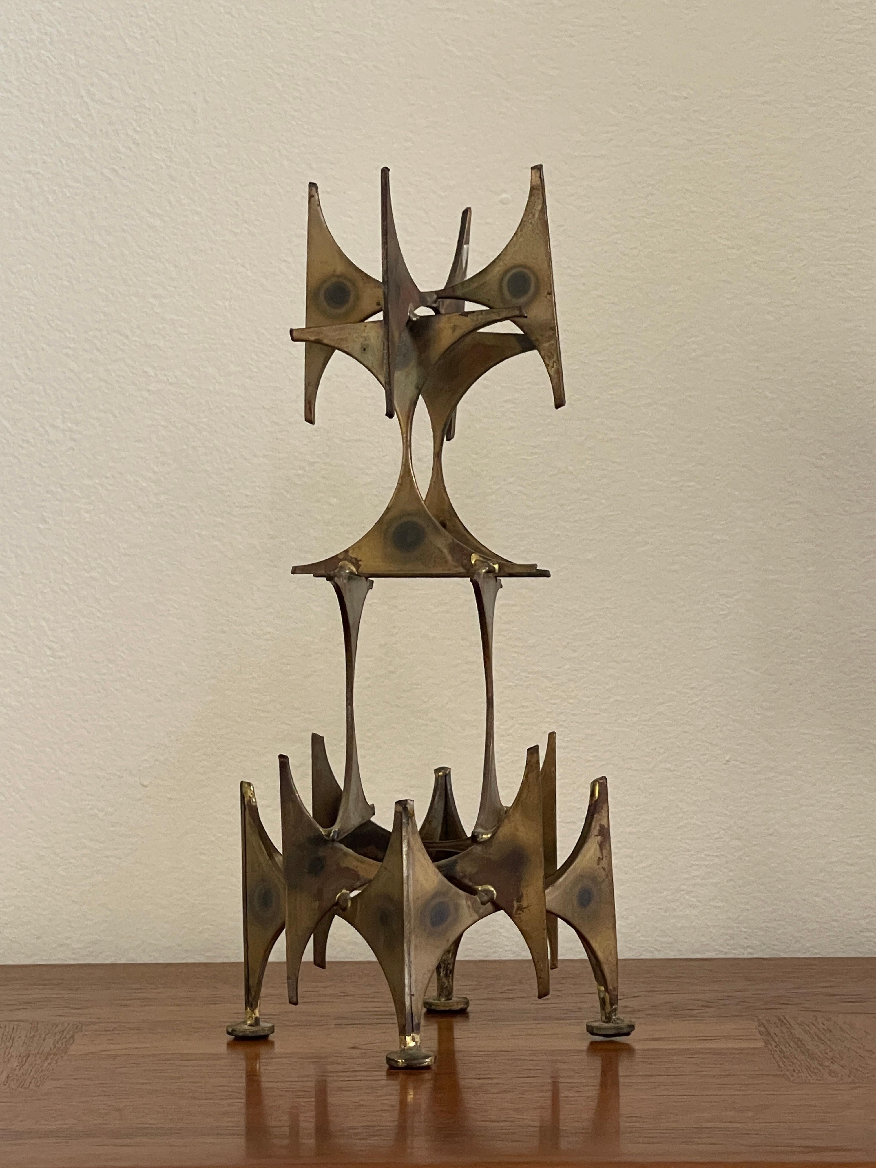 20th century Marc Creates Metal sculpture by Mark Weinstein with original patina. Defined with brass squares and pointy edges. Artist and inventor Mark Weinstein of Saint Louis Missouri, established Marc Creates Inc. in 1967. Mark has been designing