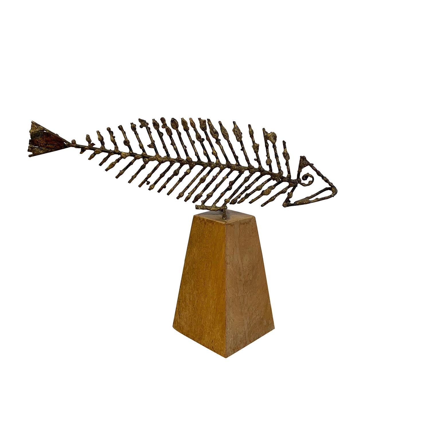 Mid-Century Modern 20th Century Italian Metal Sculpture, Fish on a Wood Base by Marcello Fantoni