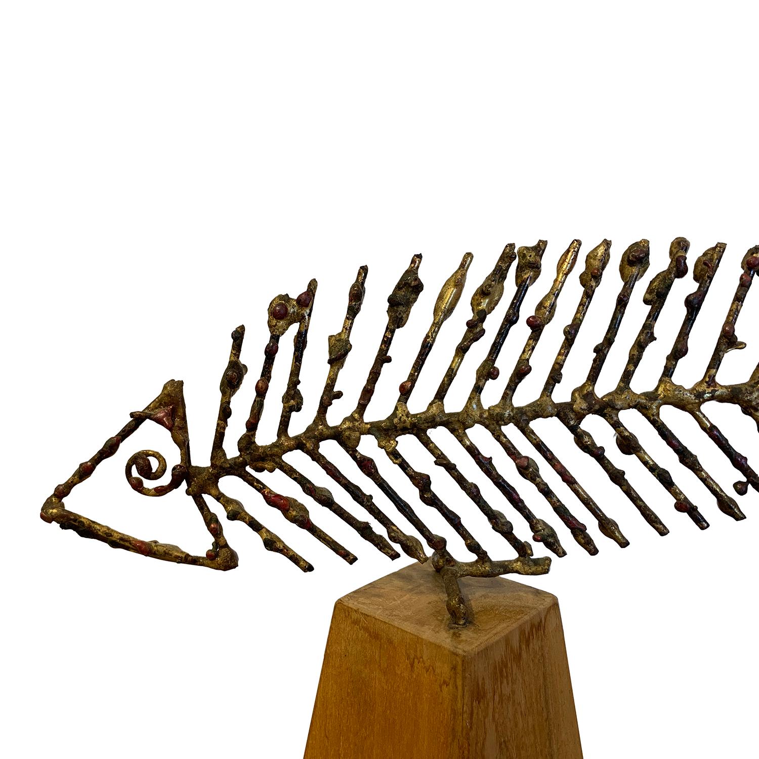 Hand-Carved 20th Century Italian Metal Sculpture, Fish on a Wood Base by Marcello Fantoni