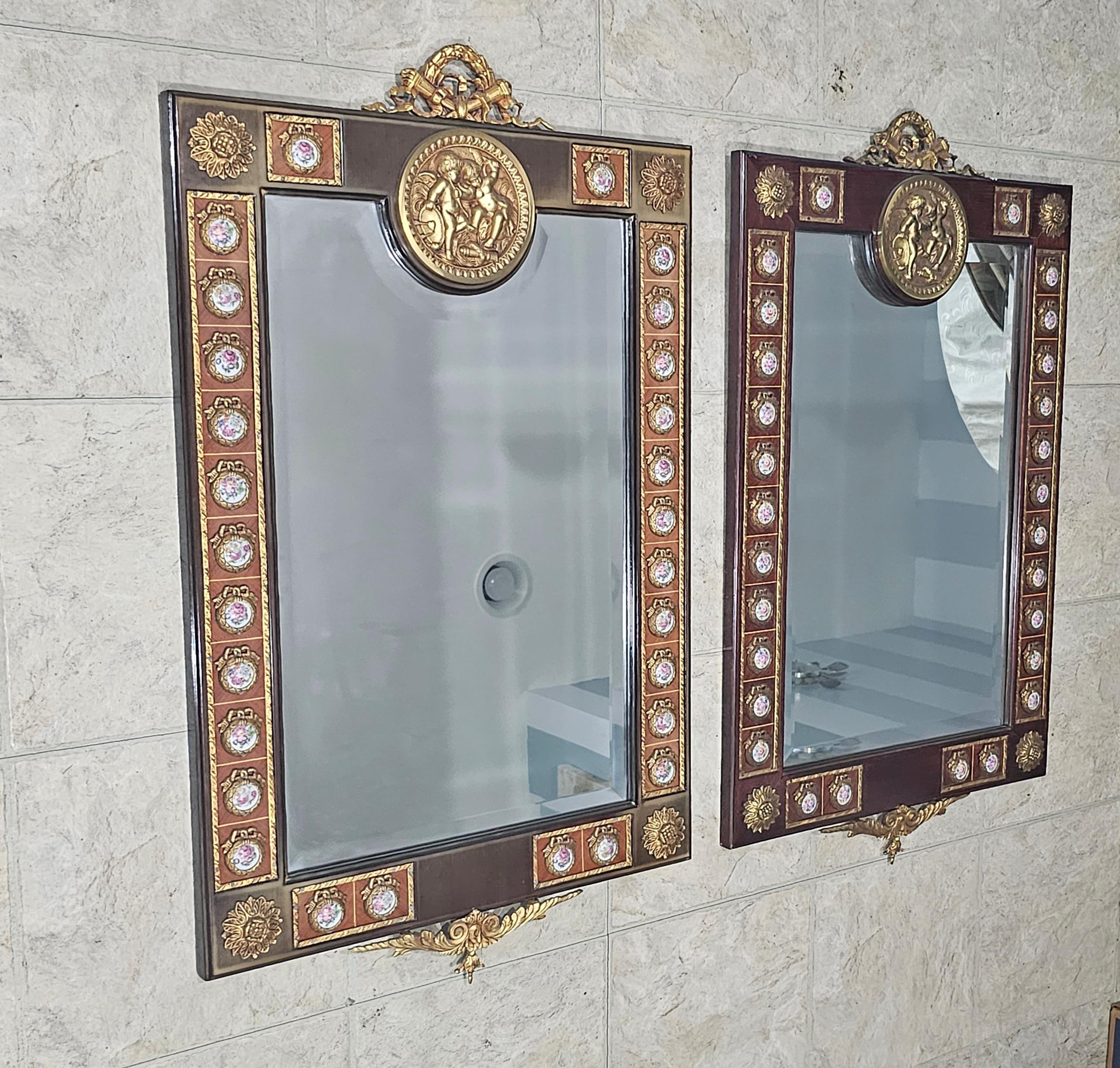 20th Century Mariner Louis XV Marquetry Ormolu & Porcelain Inset Mirrors, a Pair For Sale 8