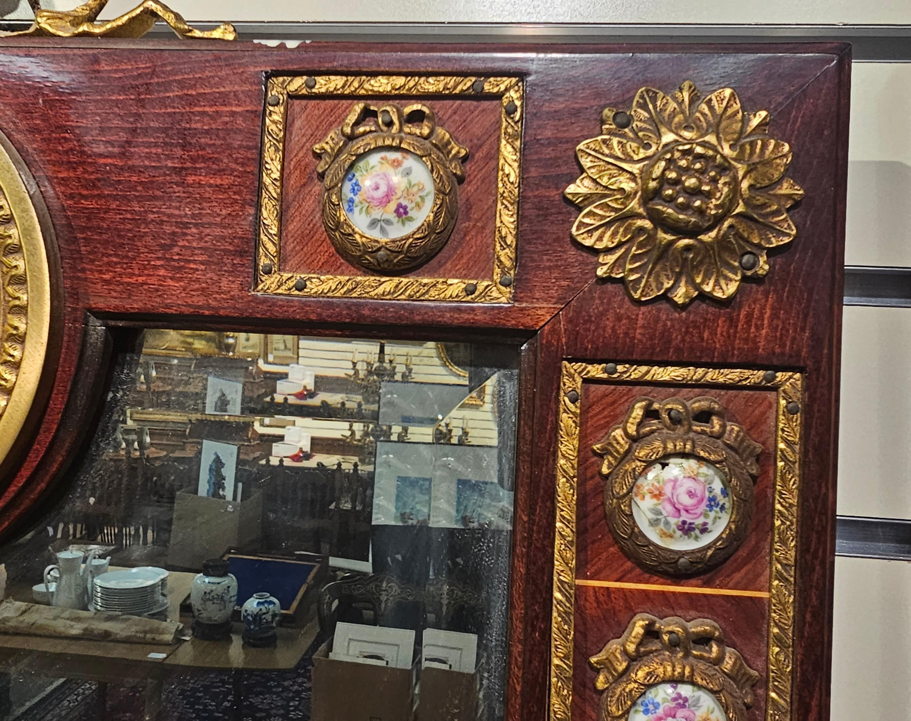Other 20th Century Mariner Louis XV Marquetry Ormolu & Porcelain Inset Mirrors, a Pair For Sale
