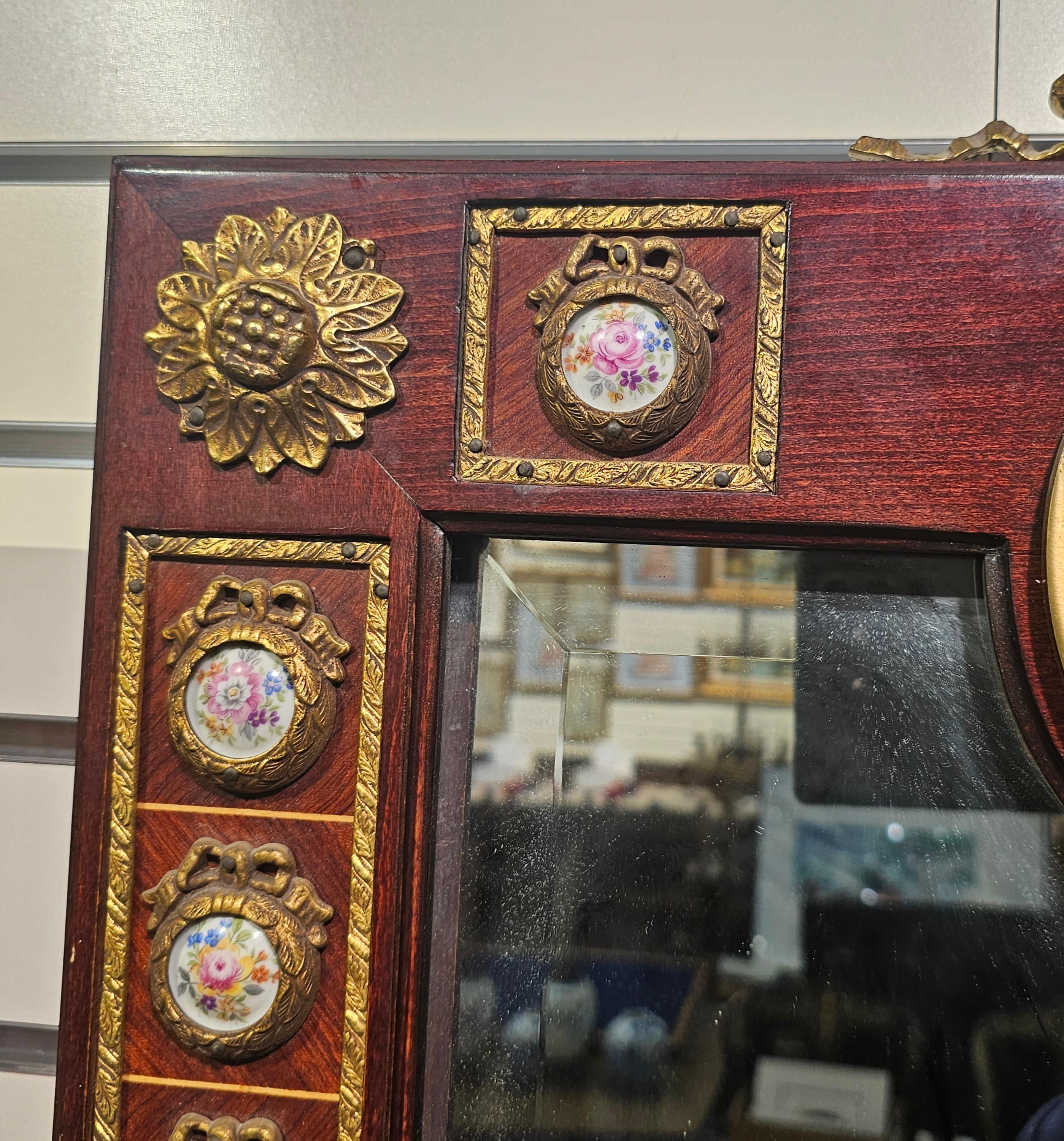 20th Century Mariner Louis XV Marquetry Ormolu & Porcelain Inset Mirrors, a Pair In Good Condition For Sale In Germantown, MD