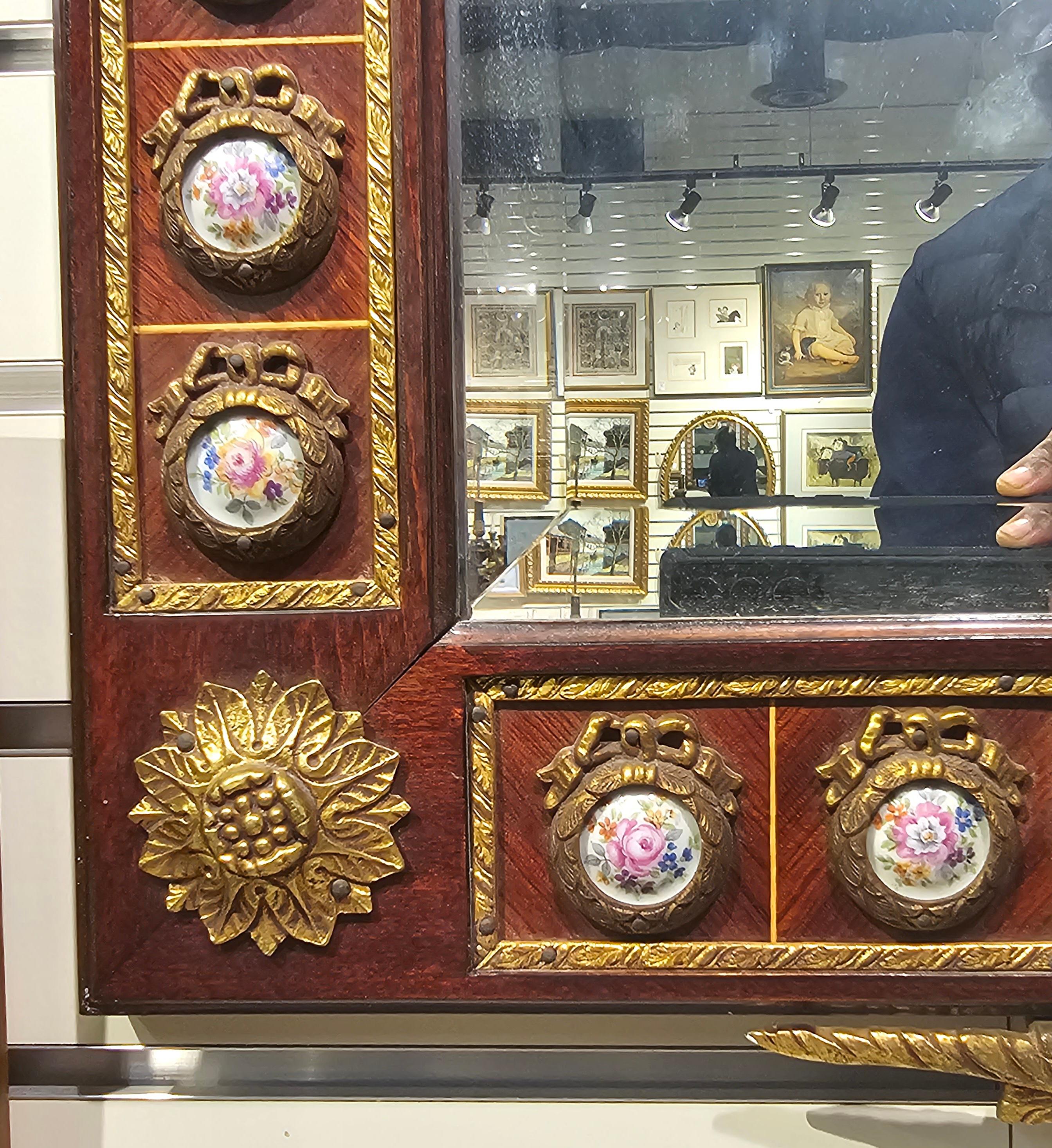 20th Century Mariner Louis XV Marquetry Ormolu & Porcelain Inset Mirrors, a Pair For Sale 1
