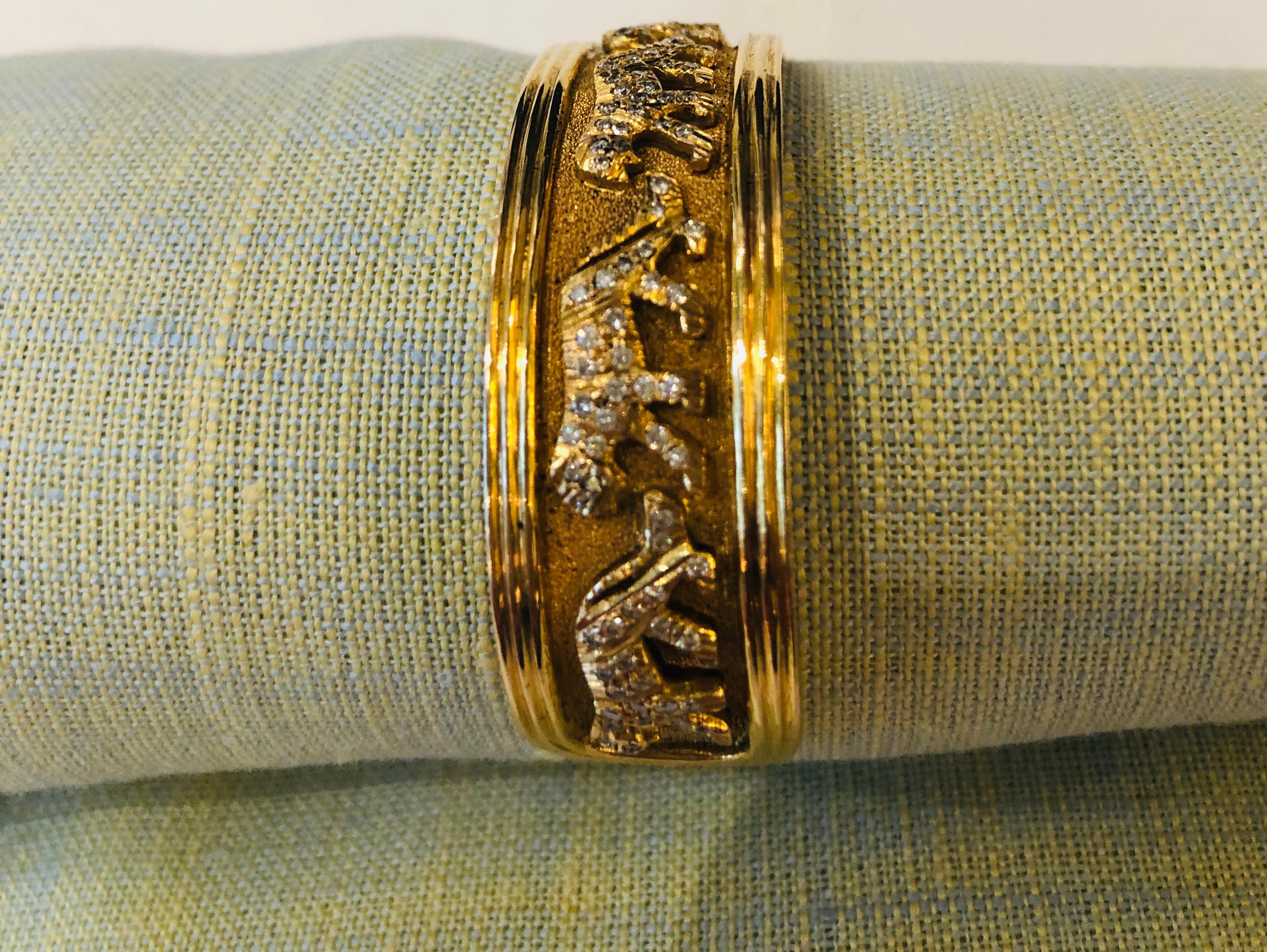 Egyptian Revival Marked 18-Karat Yellow Gold with Diamond Encrusted Panther Cuff Bracelet For Sale