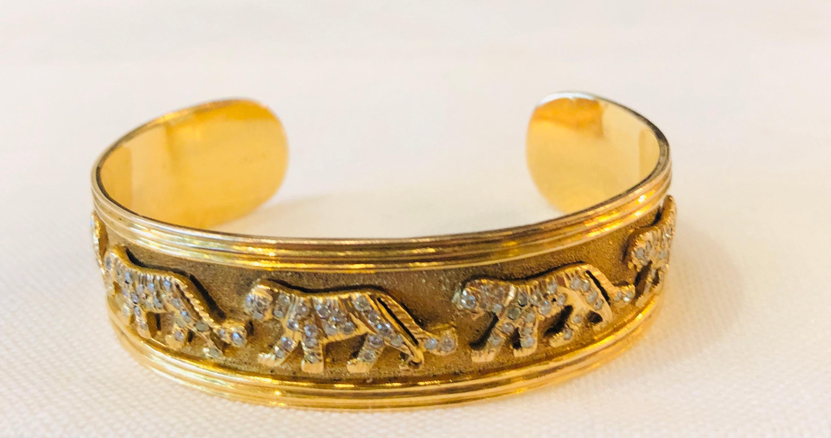 Marked 18-Karat Yellow Gold with Diamond Encrusted Panther Cuff Bracelet In Good Condition For Sale In Houston, TX