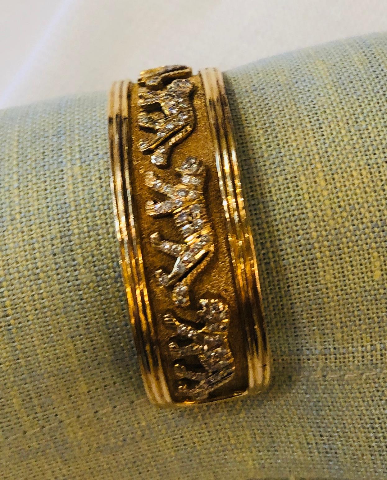Marked 18-Karat Yellow Gold with Diamond Encrusted Panther Cuff Bracelet For Sale 1