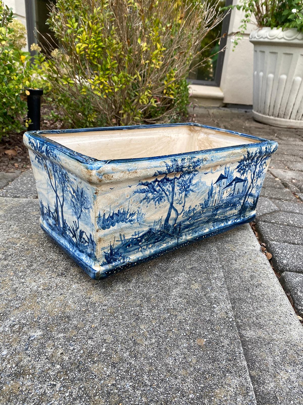 20th Century Marked Italian Blue & White Glazed Terracotta Cachepot / Jardinière In Good Condition In Atlanta, GA