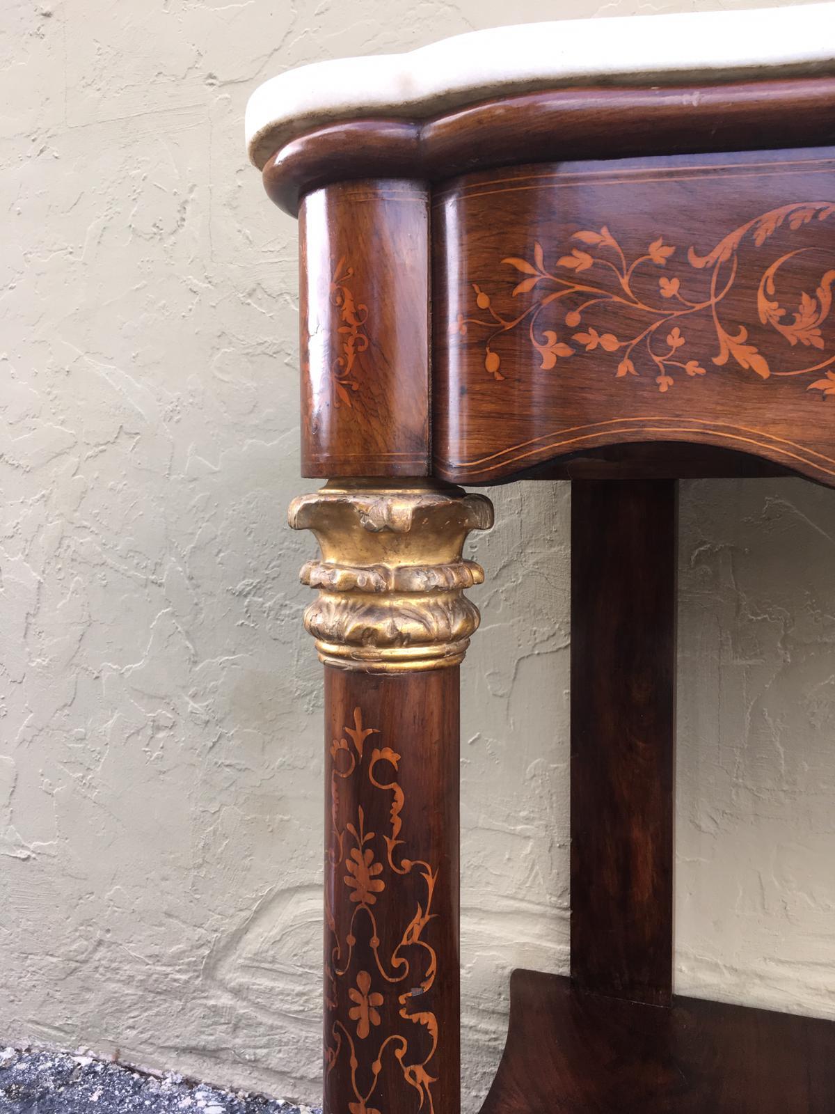 20th Century Marquetry Console Table with White Carrara Marble Top & Two Drawers For Sale 4