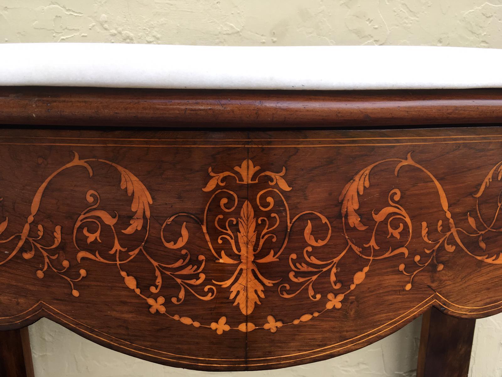 20th Century Marquetry Console Table with White Carrara Marble Top & Two Drawers For Sale 5