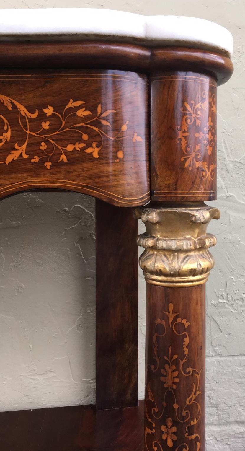 20th Century Marquetry Console Table with White Carrara Marble Top & Two Drawers For Sale 6