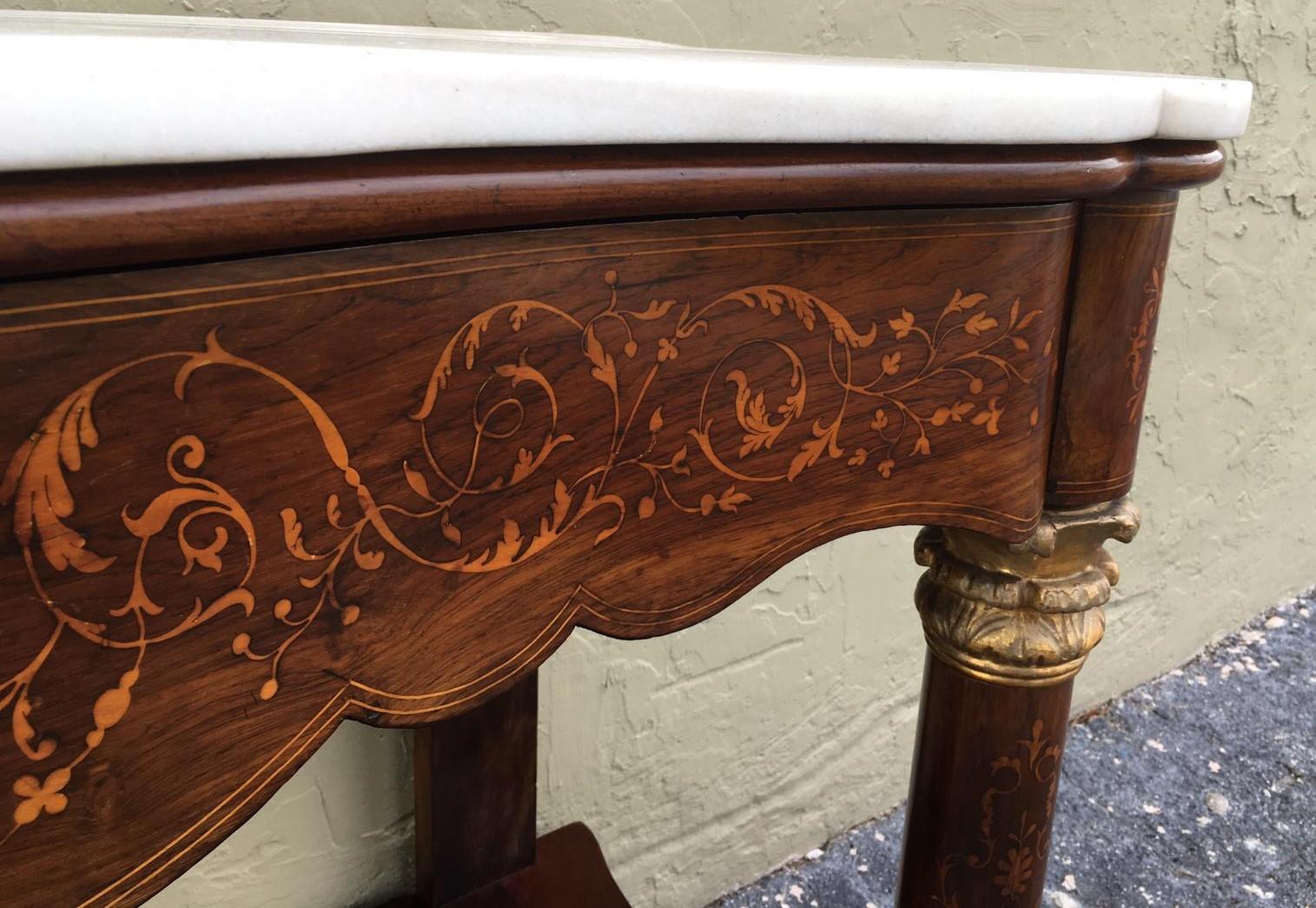 20th Century Marquetry Console Table with White Carrara Marble Top & Two Drawers For Sale 7