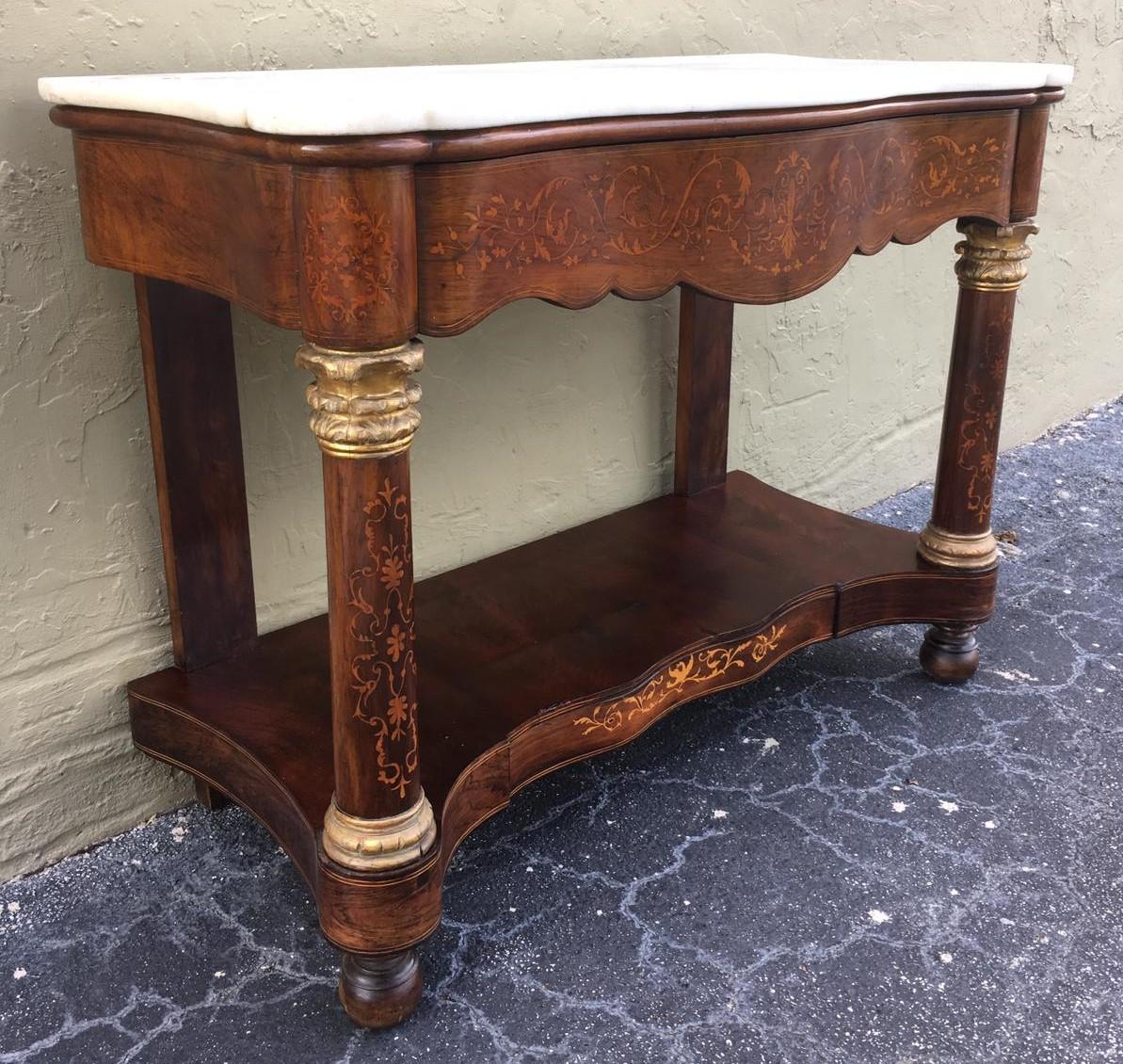 Charles X 20th Century Marquetry Console Table with White Carrara Marble Top & Two Drawers For Sale