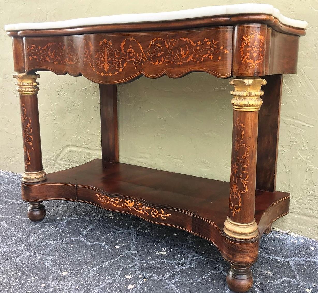 French 20th Century Marquetry Console Table with White Carrara Marble Top & Two Drawers For Sale