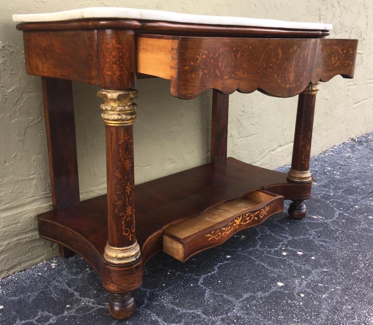 20th Century Marquetry Console Table with White Carrara Marble Top & Two Drawers In Good Condition For Sale In Miami, FL