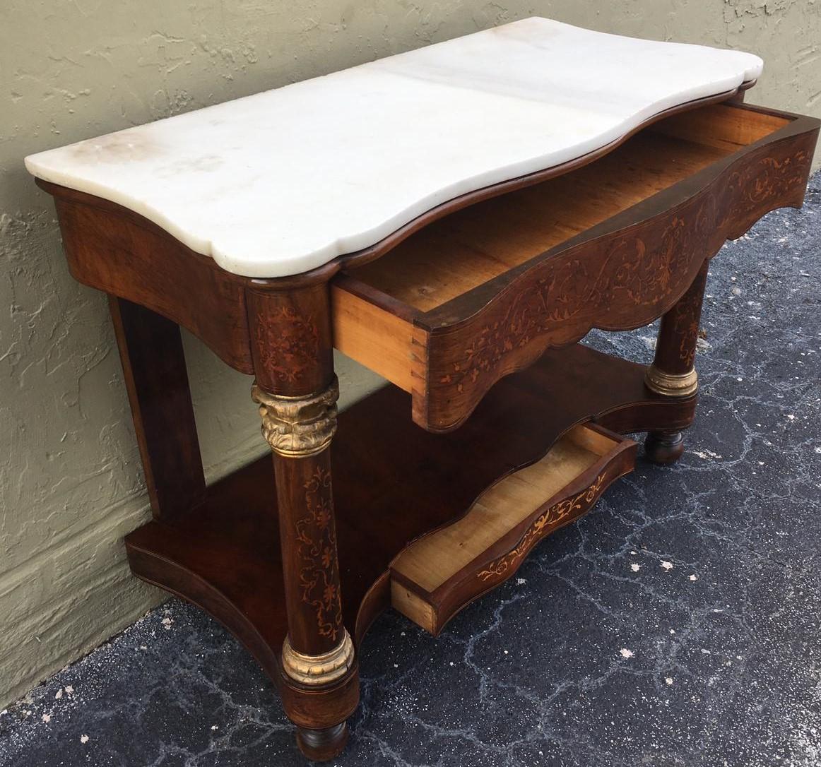 19th Century 20th Century Marquetry Console Table with White Carrara Marble Top & Two Drawers For Sale