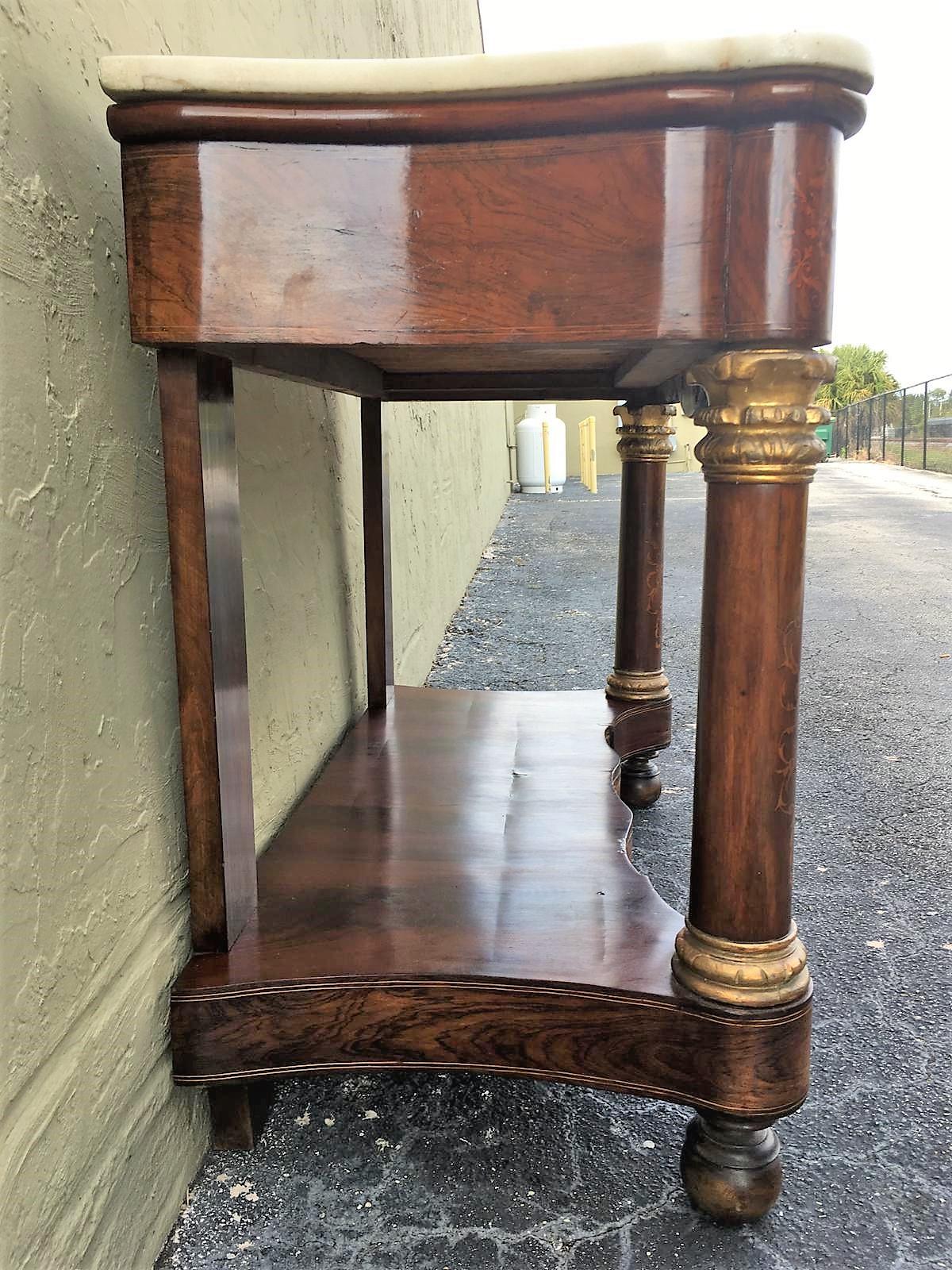 20th Century Marquetry Console Table with White Carrara Marble Top & Two Drawers For Sale 1