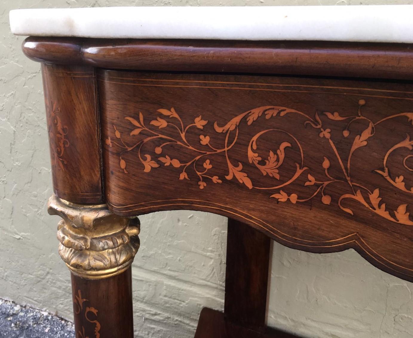 20th Century Marquetry Console Table with White Carrara Marble Top & Two Drawers For Sale 2