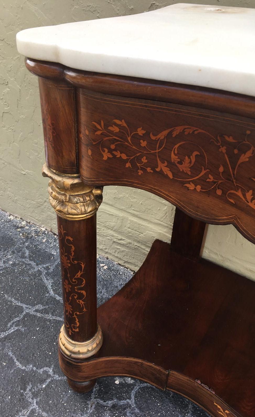 20th Century Marquetry Console Table with White Carrara Marble Top & Two Drawers For Sale 3