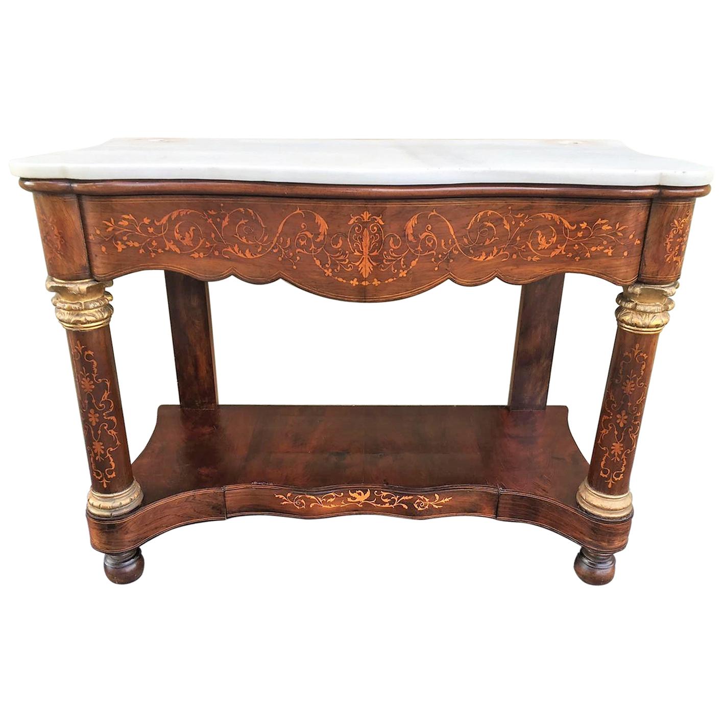 20th Century Marquetry Console Table with White Carrara Marble Top & Two Drawers For Sale