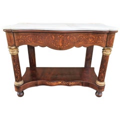 Antique 20th Century Marquetry Console Table with White Carrara Marble Top & Two Drawers