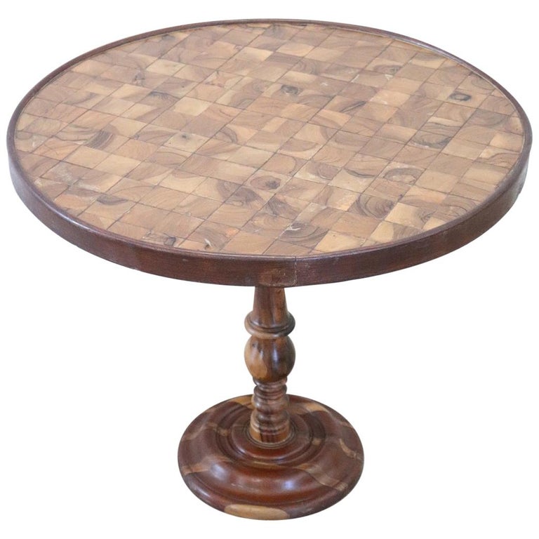 20th Century Marquetry Wood Round Side Table or Sofa Table For Sale