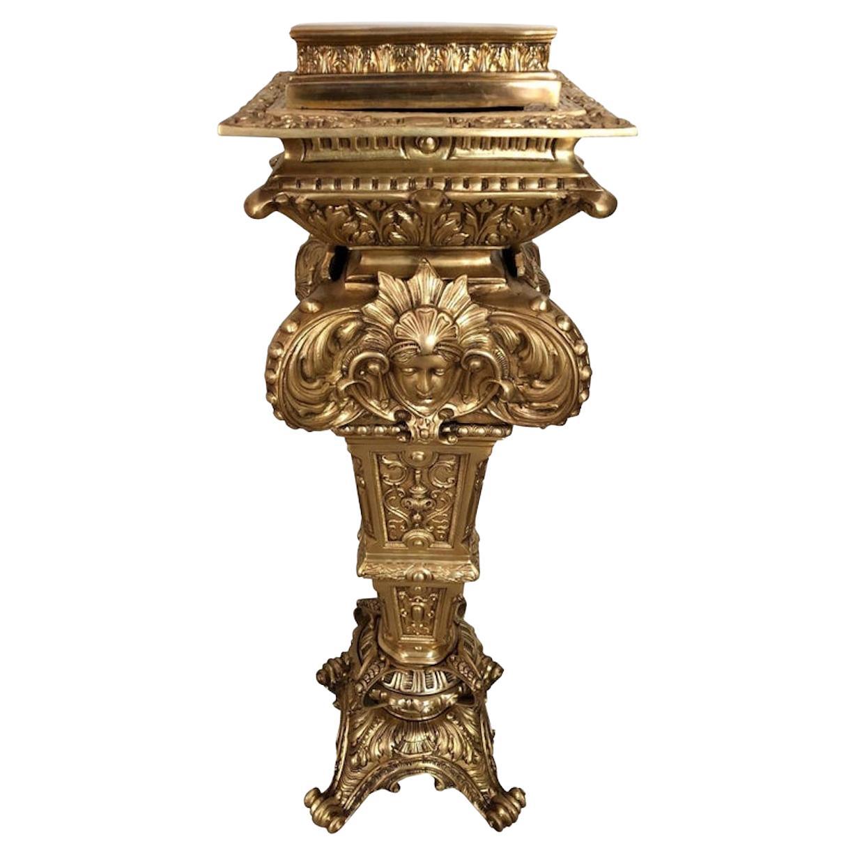 Massiver, fein gravierter Bronzesockel oder Säule des 20. Jahrhunderts, Gold