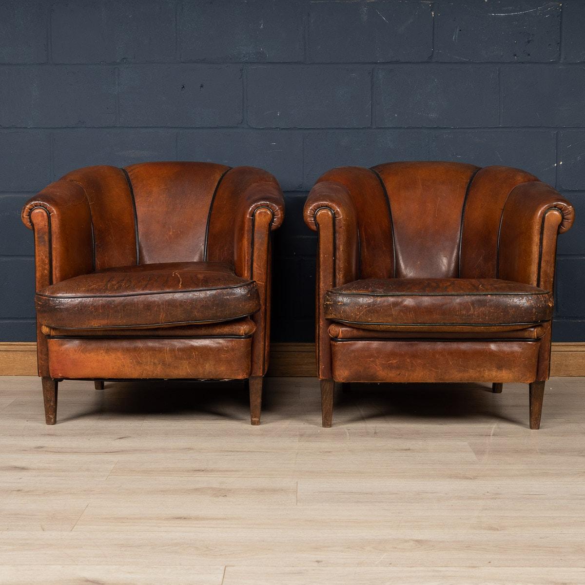 Dutch 20th Century Matched Pair of Sheepskin Leather Tub Chairs, Holland