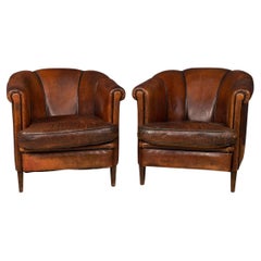 20th Century Matched Pair of Sheepskin Leather Tub Chairs, Holland