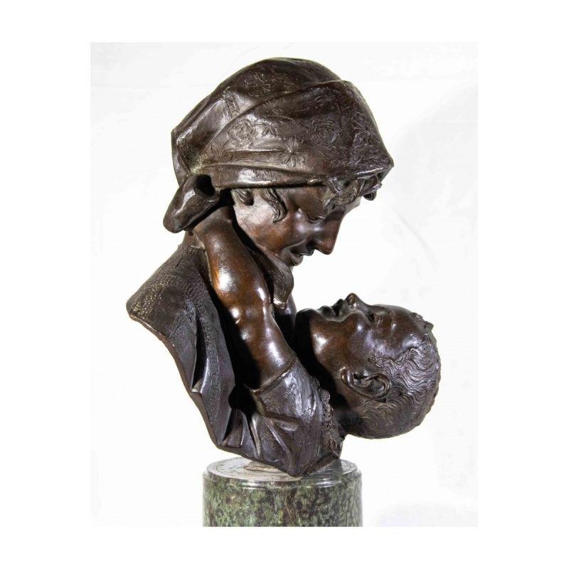 20th Century Maternity Sculpture Patinated Bronze and Green Marble 6