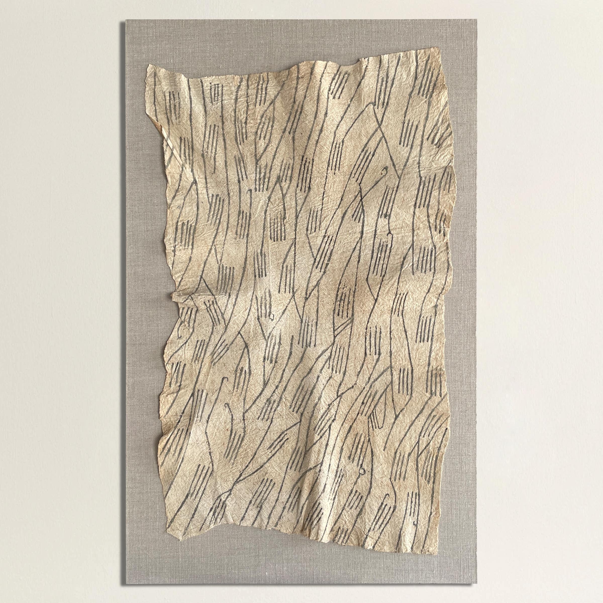 A striking and modern-in-spirit 20th century Mbuti Pygmy barkcloth textiles, mounted on a linen presentation board. The textile is made from ficus bark pounded to a thin cloth-like material and painted with myriad biomorphic shapes using natural