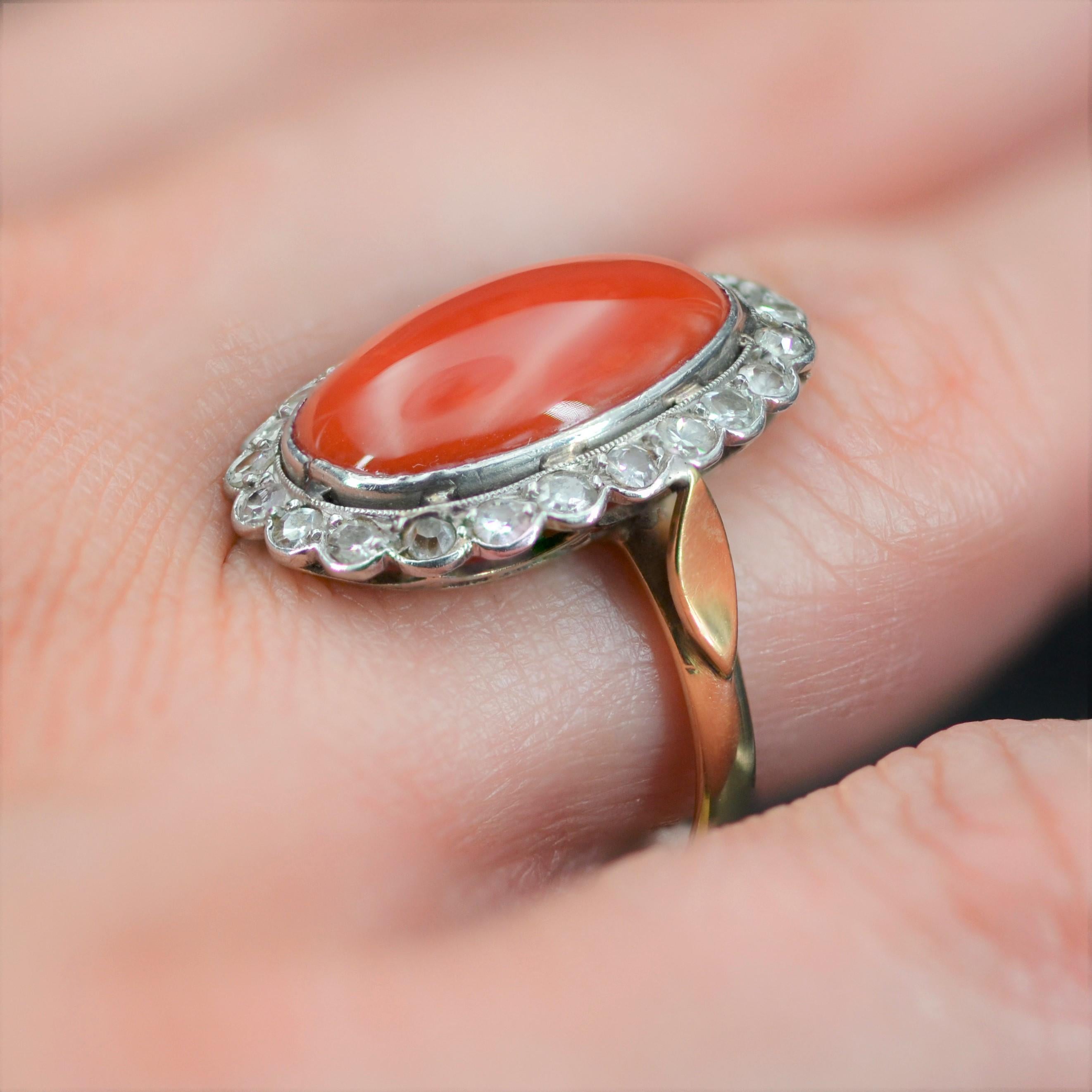 20th Century Mediterranean Coral Diamond 18 Karat Yellow Gold Ring For Sale 4