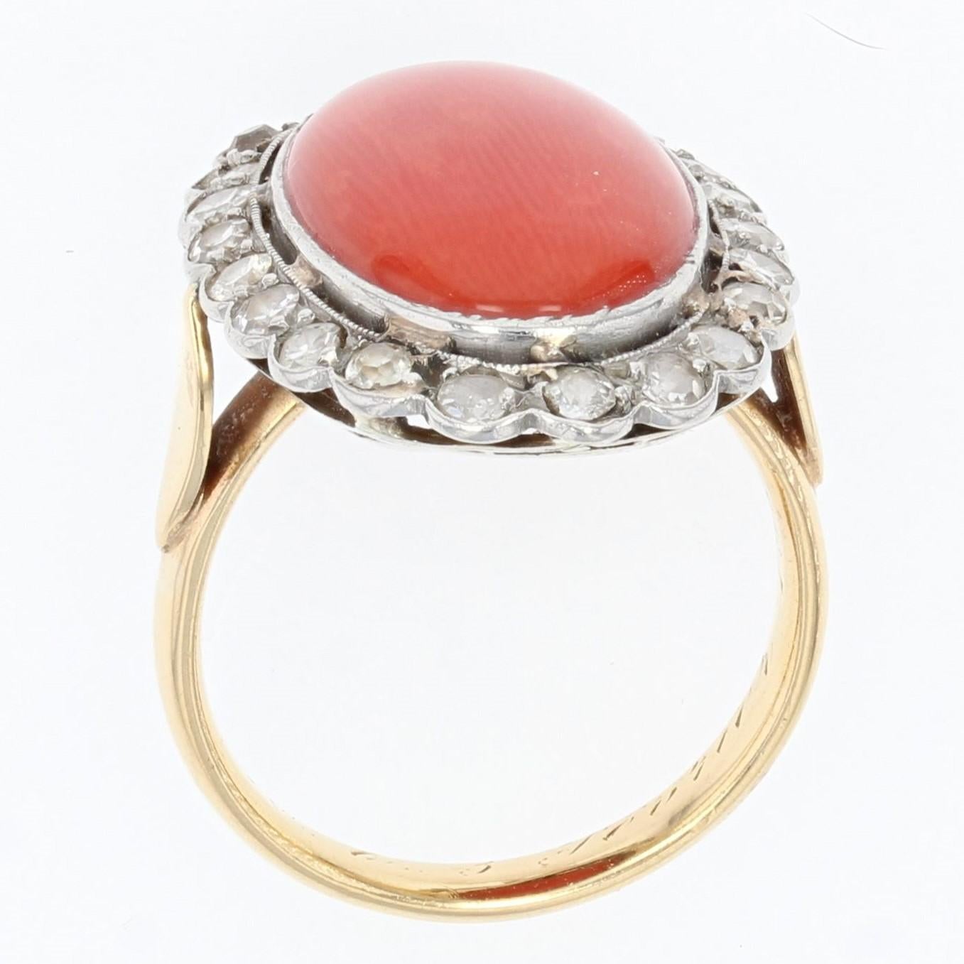 20th Century Mediterranean Coral Diamond 18 Karat Yellow Gold Ring For Sale 7