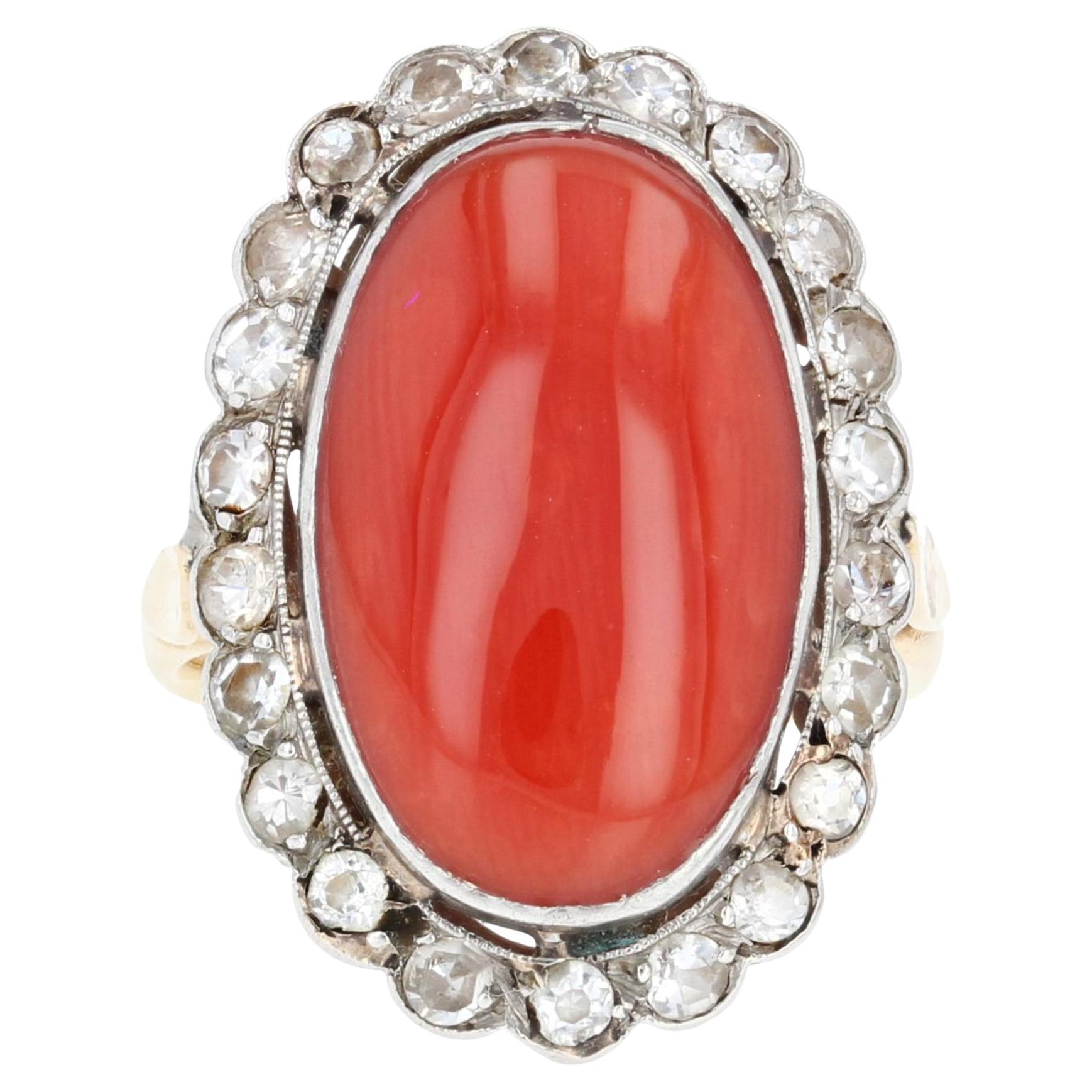 20th Century Mediterranean Coral Diamond 18 Karat Yellow Gold Ring
