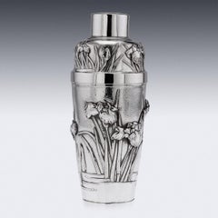 20th Century Meiji Japanese Solid Silver Iris Cocktail Shaker & Cups, c.1900