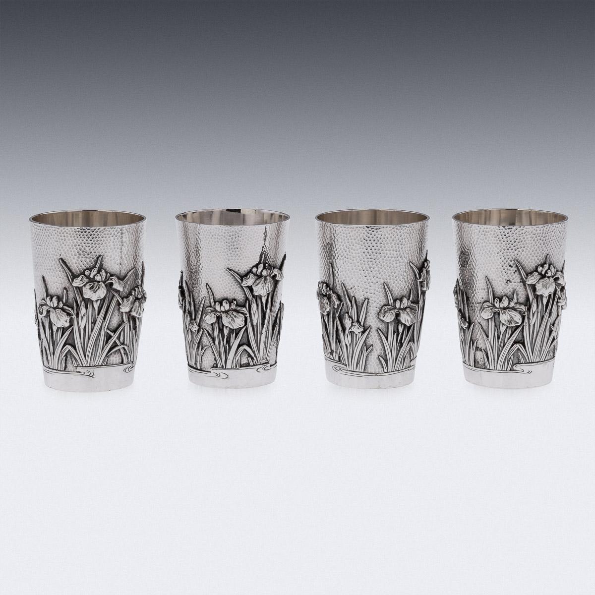 20th Century Meiji Japanese Solid Silver Iris Cocktail Shaker & Cups, c.1900 5