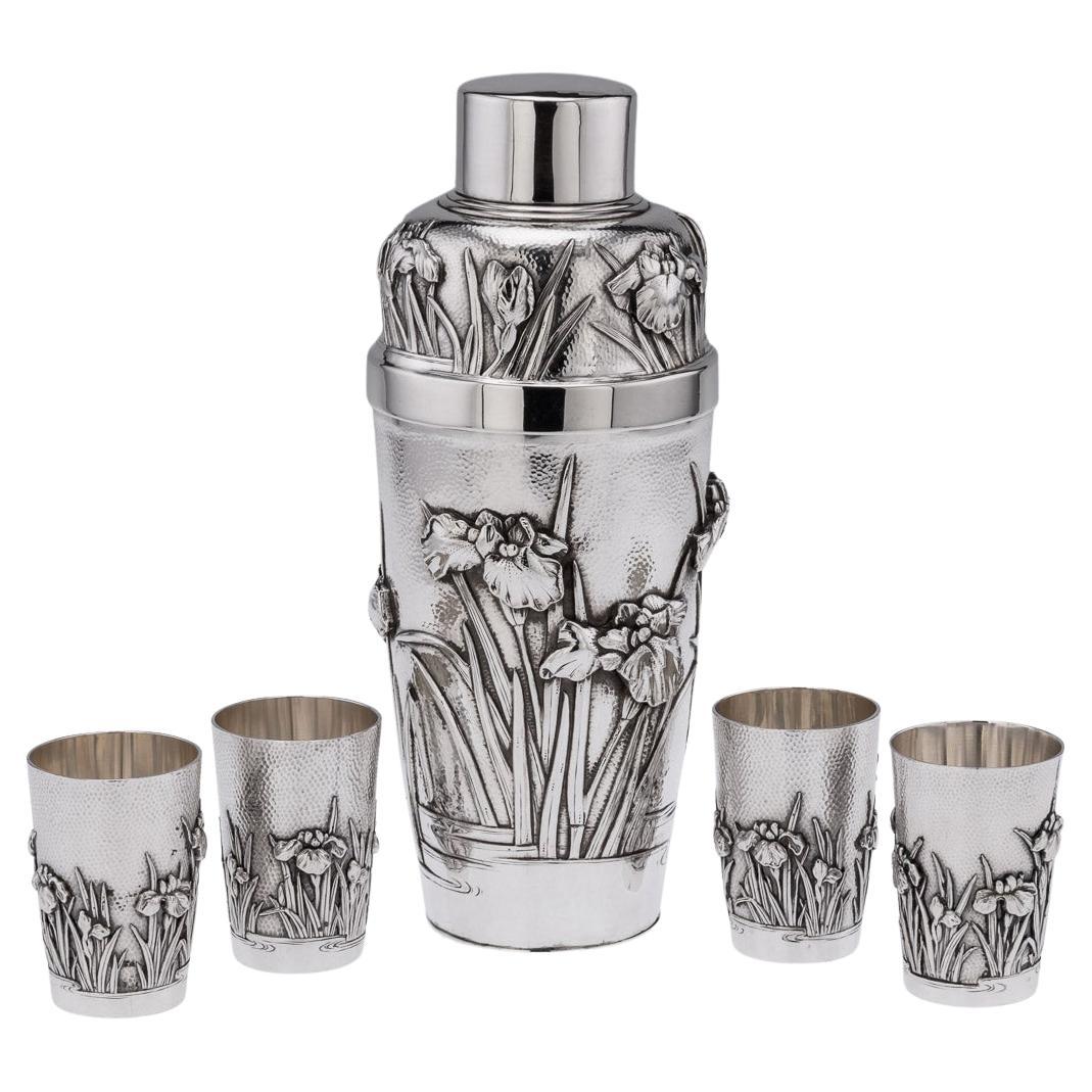 20th Century Meiji Japanese Solid Silver Iris Cocktail Shaker & Cups, c.1900