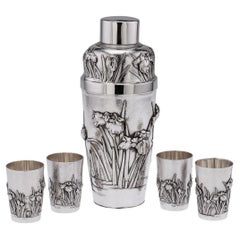 20th Century Meiji Japanese Solid Silver Iris Cocktail Shaker & Cups, c.1900