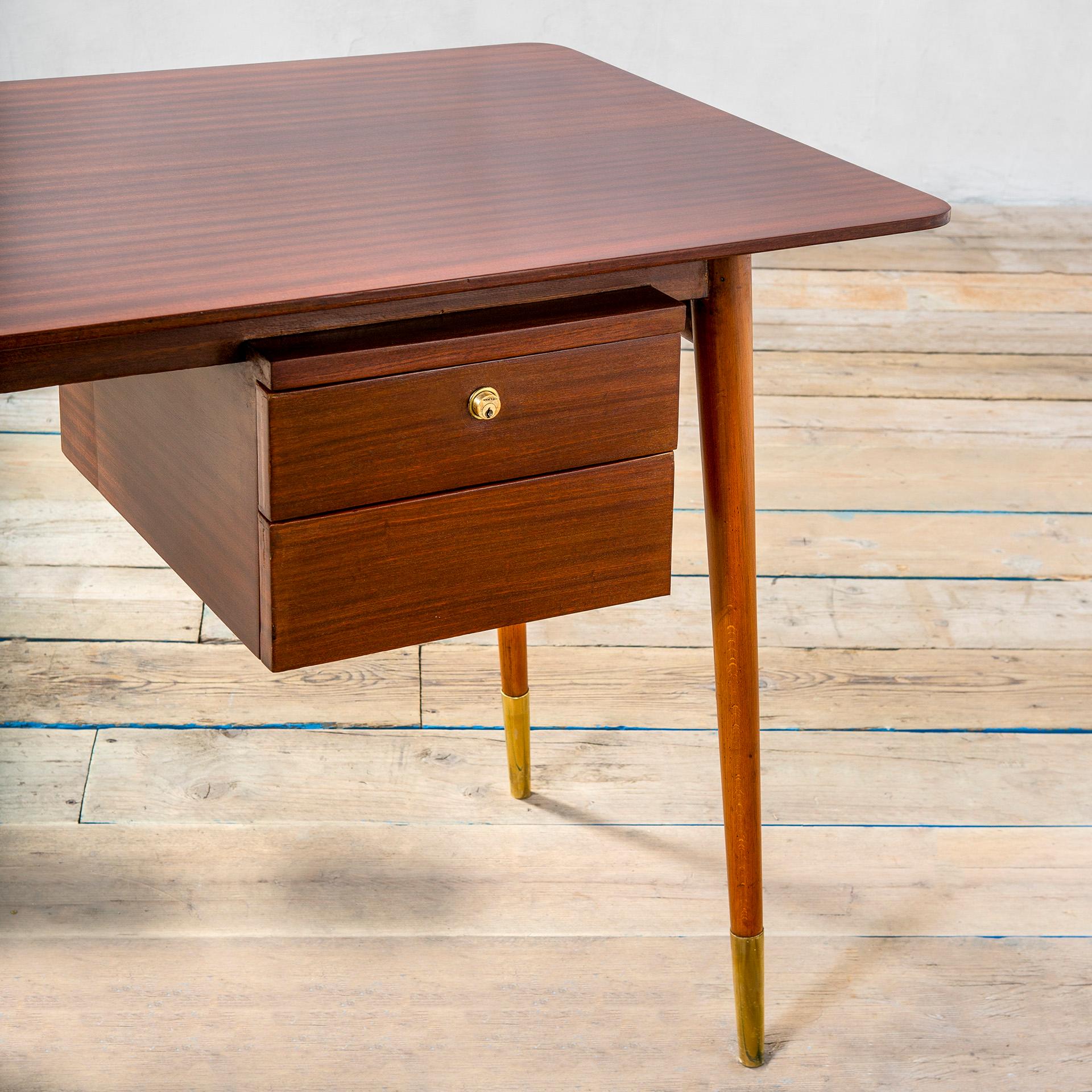 Mid-Century Modern 20th Century Melchiorre Bega Desk with wooden structure, drawers Brass details For Sale
