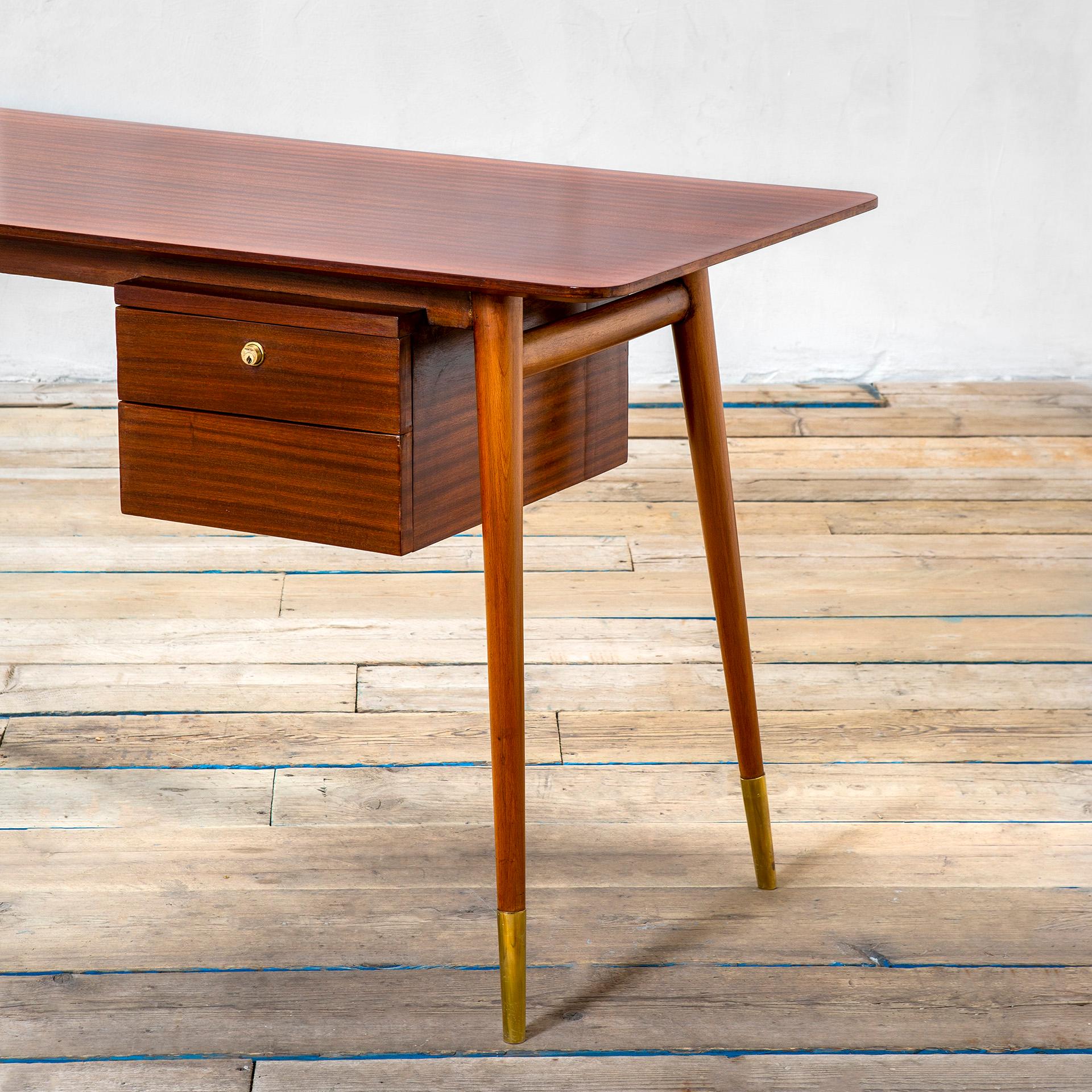 Italian 20th Century Melchiorre Bega Desk with wooden structure, drawers Brass details For Sale