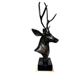 20th Century  Metal Deer Head Sculpture with Marble Base, Art Deco Style