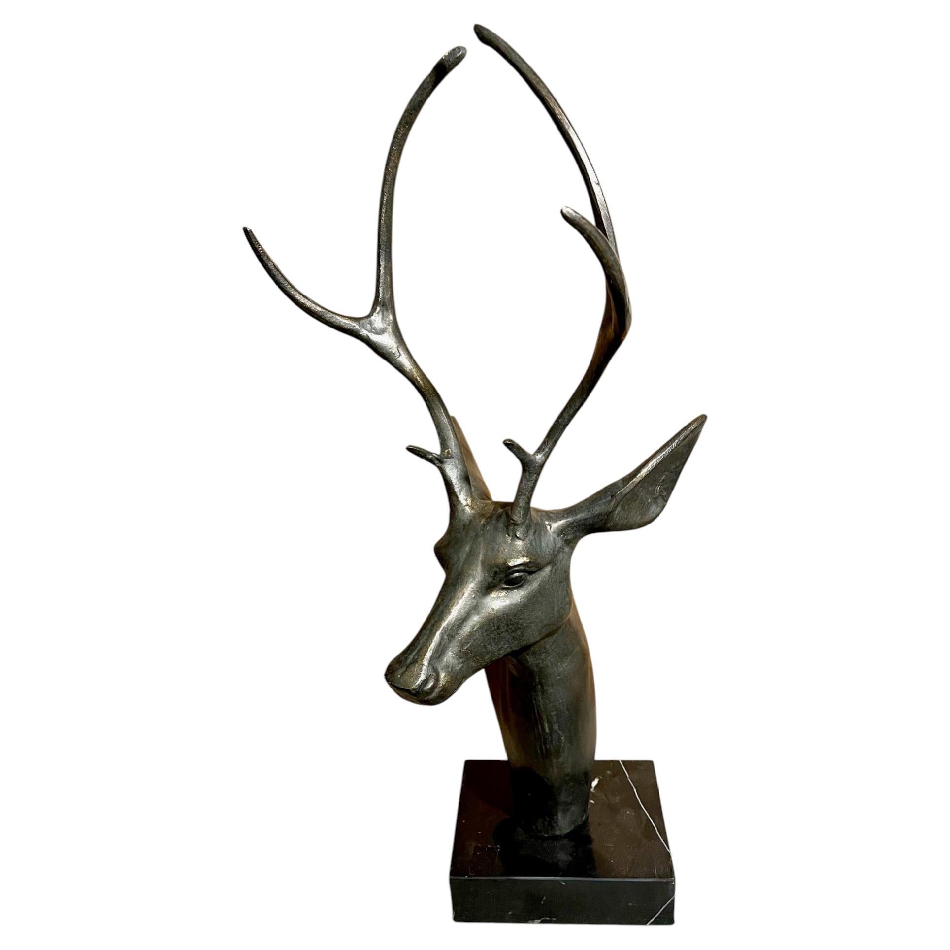 20th Century  Metal Deer Head Sculpture with Marble Base, Art Deco Style