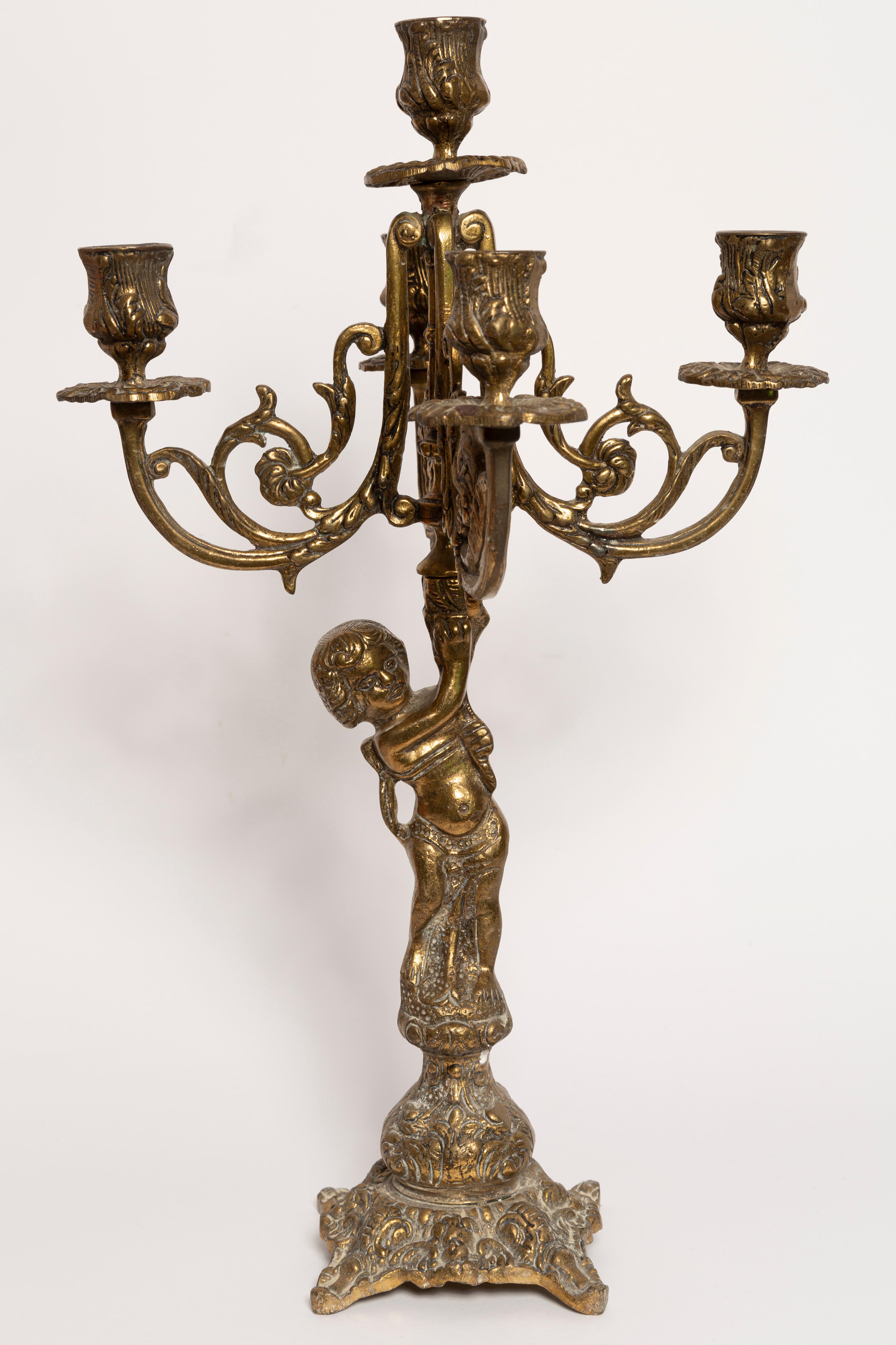 Mid-Century Modern 20th Century Metal Gold Brass Decorative Candlesticks with Angel, Italy, 1960s For Sale