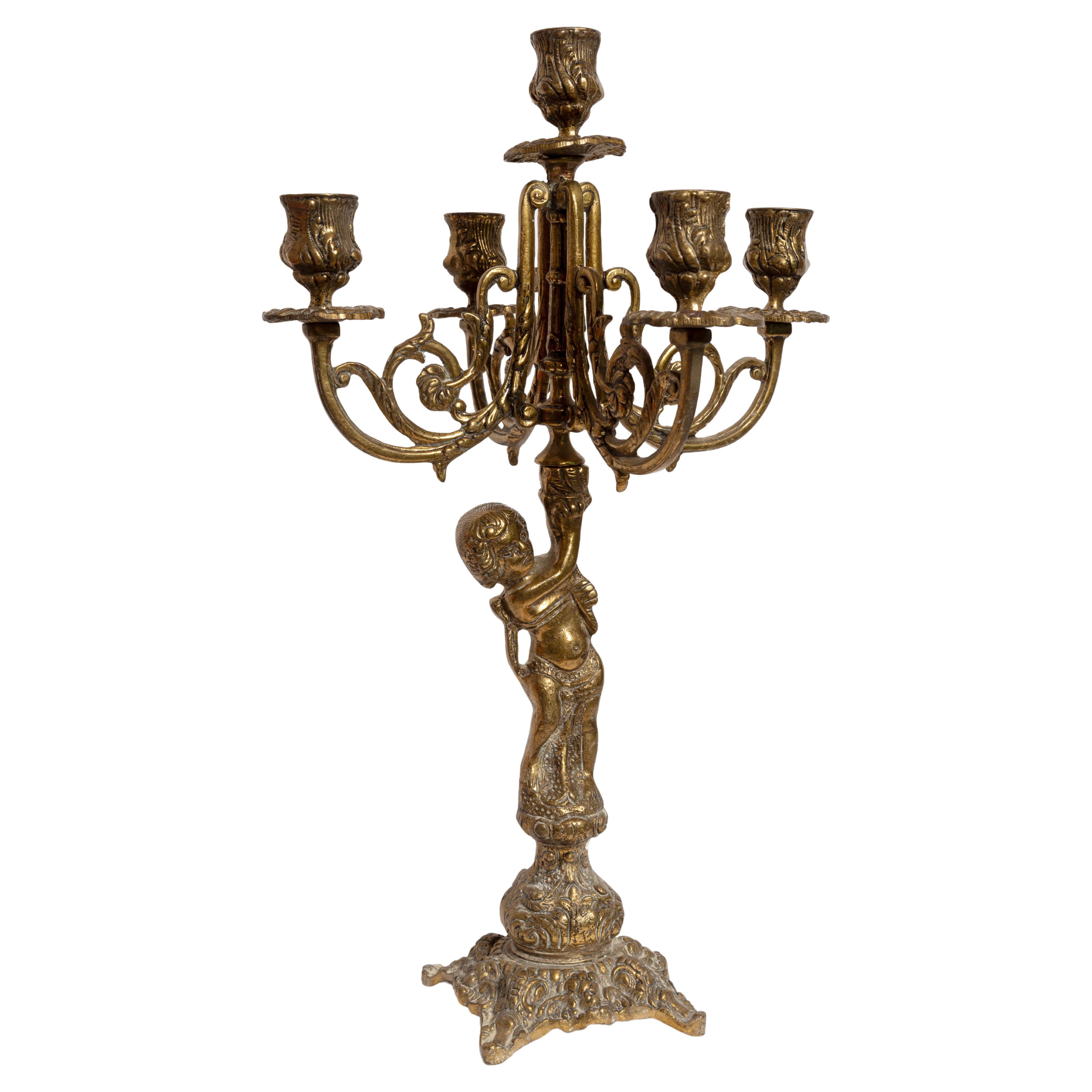 20th Century Metal Gold Brass Decorative Candlesticks with Angel, Italy, 1960s For Sale